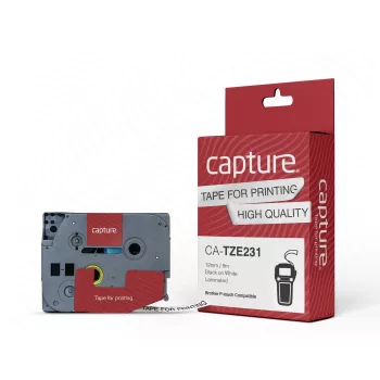 Juostelė etikečių spausdinimui Capture CA-TZE231 laminuota 12 mm x 8 m, pakuotė 74 mm x 111 mm, 40 g