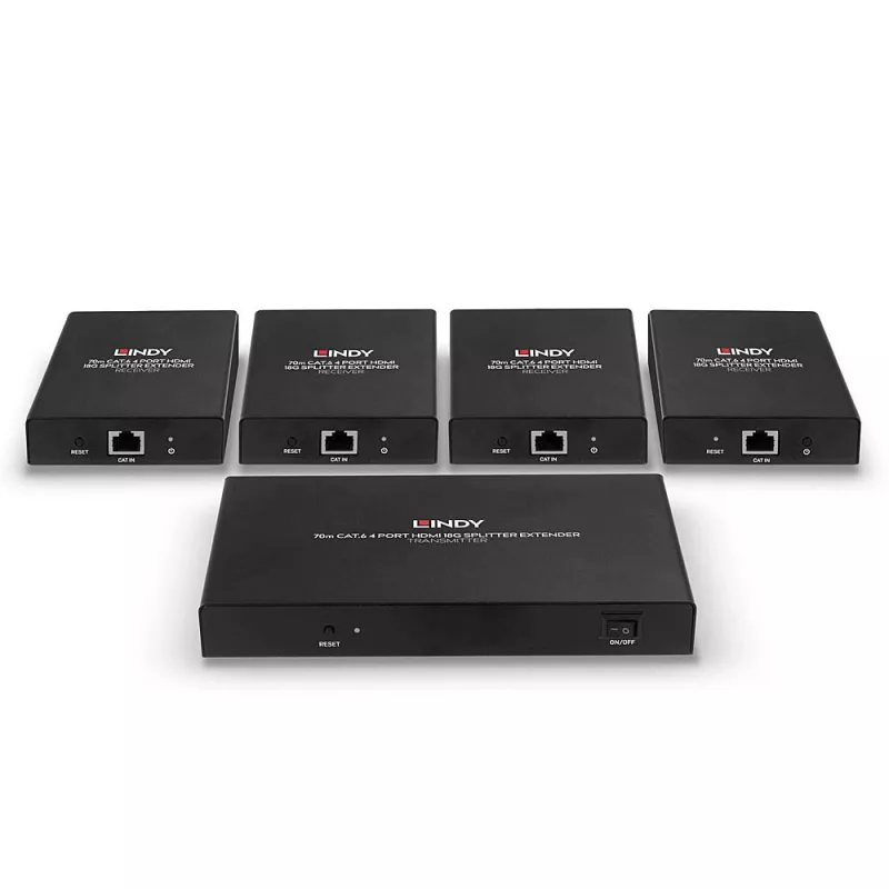 Lindy 70m Cat.6 4 prievadų HDMI 4K60 skirstytuvas ir prailgintuvas, 3840 x 2160 pikselių, AV siųstuvas ir imtuvas, 70 m, laidinis, juodas, HDCP