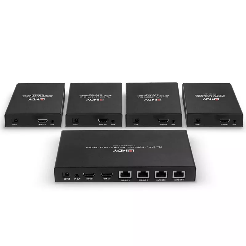 Lindy 70m Cat.6 4 prievadų HDMI 4K60 skirstytuvas ir prailgintuvas, 3840 x 2160 pikselių, AV siųstuvas ir imtuvas, 70 m, laidinis, juodas, HDCP