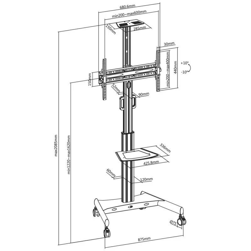Vivolink VLFS3266C mobilus TV stovas 165,1 cm (65 inch) juodas
