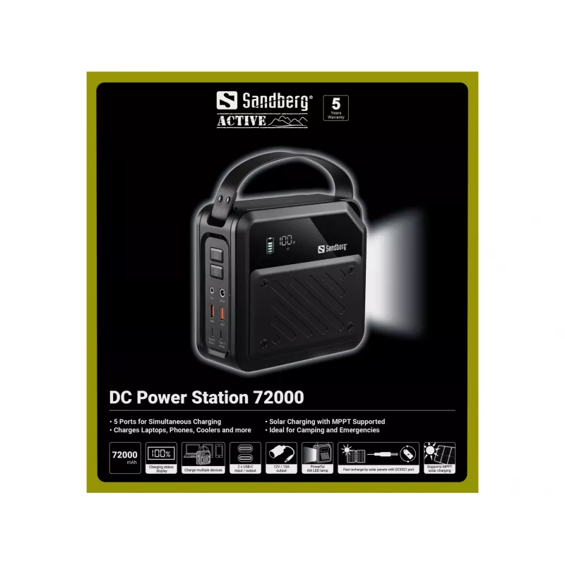 Nešiojama nuolatinės srovės (DC) maitinimo stotelė SANDBERG Sandberg DC Power Station 72000 – LMFP 72 000 mAh, DC ir USB‑C įvestis, juoda
