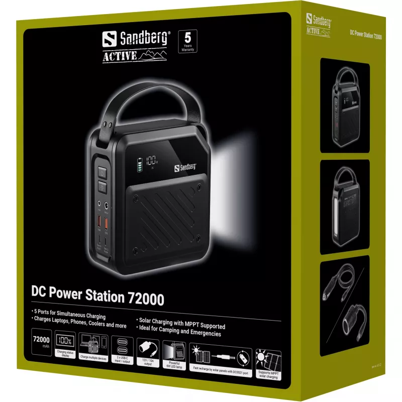 Nešiojama nuolatinės srovės (DC) maitinimo stotelė SANDBERG Sandberg DC Power Station 72000 – LMFP 72 000 mAh, DC ir USB‑C įvestis, juoda