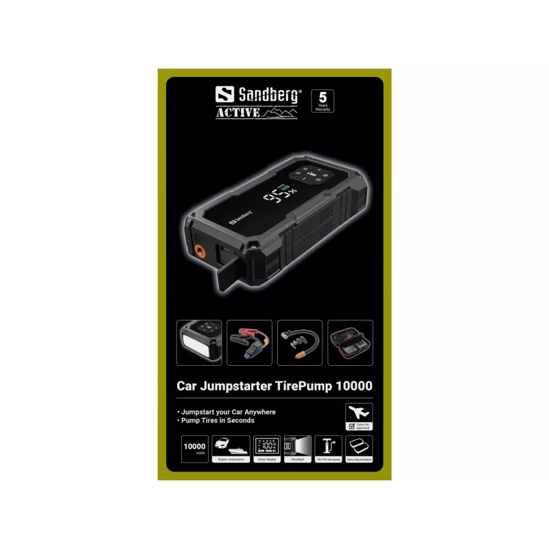 Nešiojamas užvedimo įrenginys ir padangų pompa SANDBERG Sandberg Car Jumpstarter TirePump 10000 — 800 A startas, 2 A išėjimas, 5 V USB