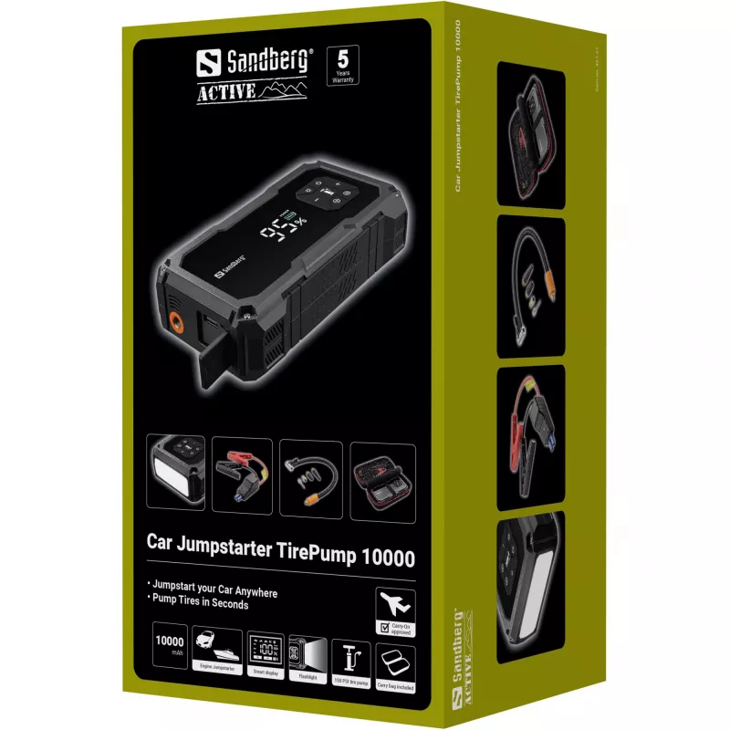 Nešiojamas užvedimo įrenginys ir padangų pompa SANDBERG Sandberg Car Jumpstarter TirePump 10000 — 800 A startas, 2 A išėjimas, 5 V USB