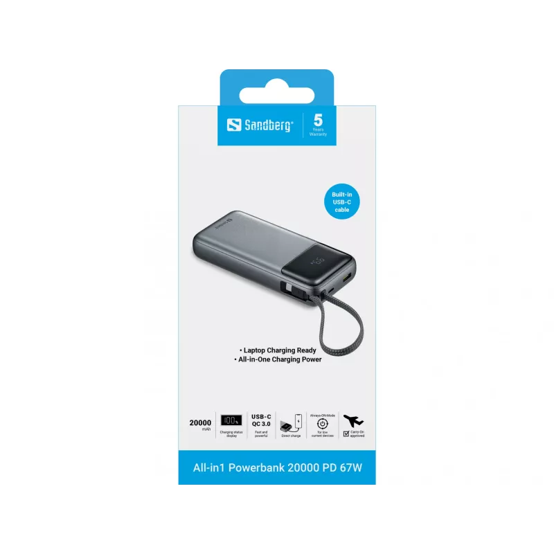 Sandberg All-in1 powerbank 20000 PD 67 W išorinis maitinimo šaltinis