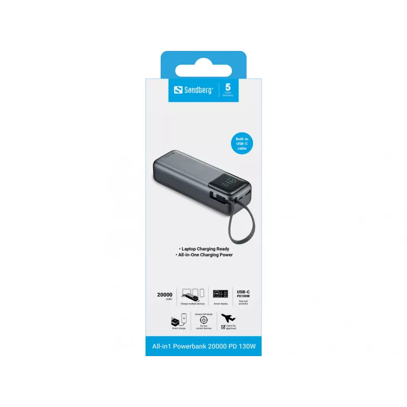 Nešiojamas maitinimo blokas SANDBERG All-in1 Powerbank 20000 PD 130W – 20000 mAh, LiPo, USB-A 1x, USB-C 1x, 130 W, juoda/pilka