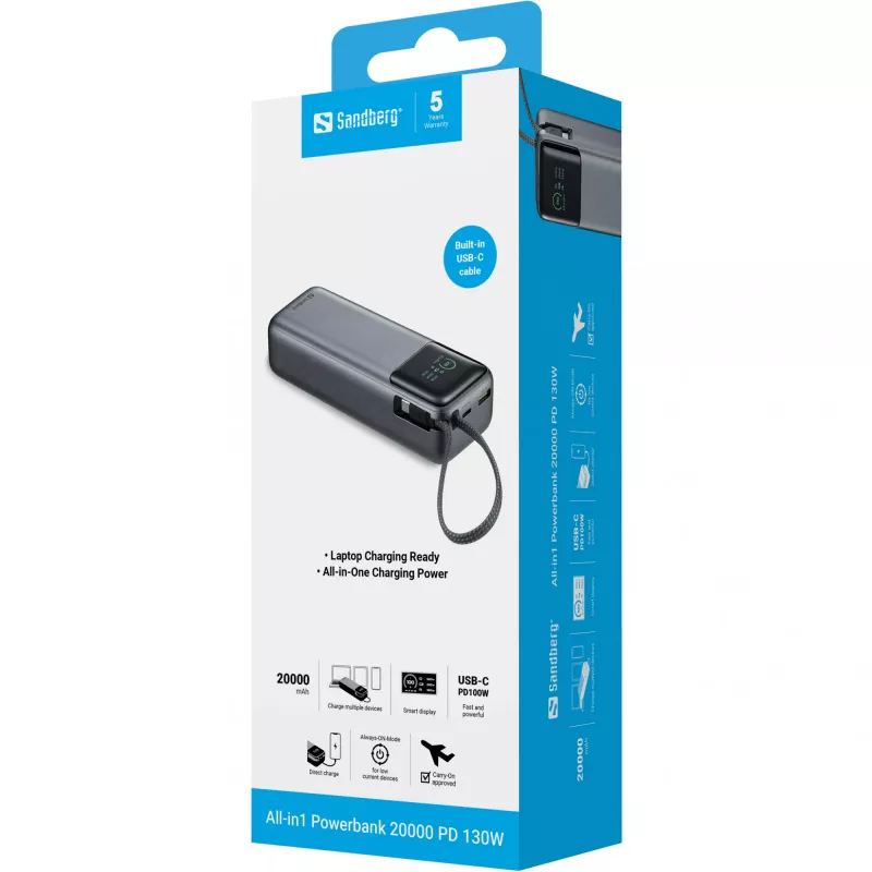 Nešiojamas maitinimo blokas SANDBERG All-in1 Powerbank 20000 PD 130W – 20000 mAh, LiPo, USB-A 1x, USB-C 1x, 130 W, juoda/pilka