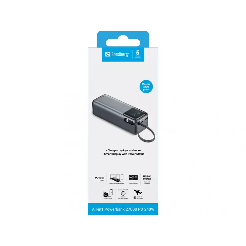 Sandberg 421-31 All-in1 išorinė baterija 27000 PD 240 W, 5/9/12/15/20/28 V, integruotas USB-C kabelis, ekranas