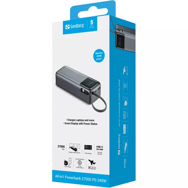Sandberg 421-31 All-in1 išorinė baterija 27000 PD 240 W, 5/9/12/15/20/28 V, integruotas USB-C kabelis, ekranas