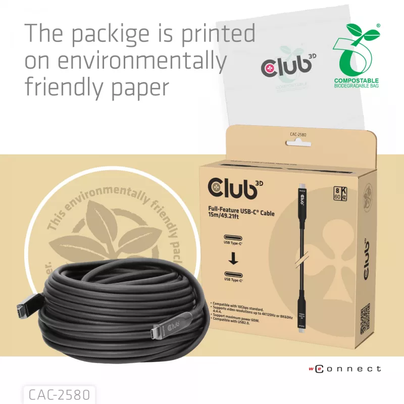 CLUB3D 15 m Full-Feature USB-C® laidas / 49,21 pėdos 8K60Hz 10Gbps 60W