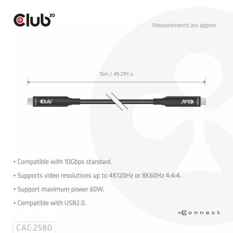 CLUB3D 15 m Full-Feature USB-C® laidas / 49,21 pėdos 8K60Hz 10Gbps 60W