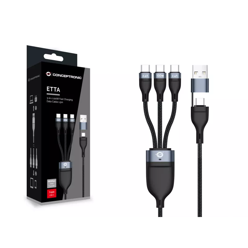 Conceptronic ETTA06B15C 3-in-1 100W greito įkrovimo duomenų kabelis 1,5 m, trigubas USB-C, USB 2.0, E-Mark