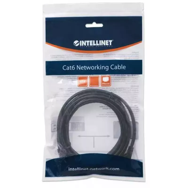Intellinet Network Patch Cable, Cat6, 5m, Juoda, CCA, U/UTP, PVC, RJ45, Auksuoti kontaktai, Su apsauga nuo užkabinimo, Su boot, Viso gyvenimo garantija