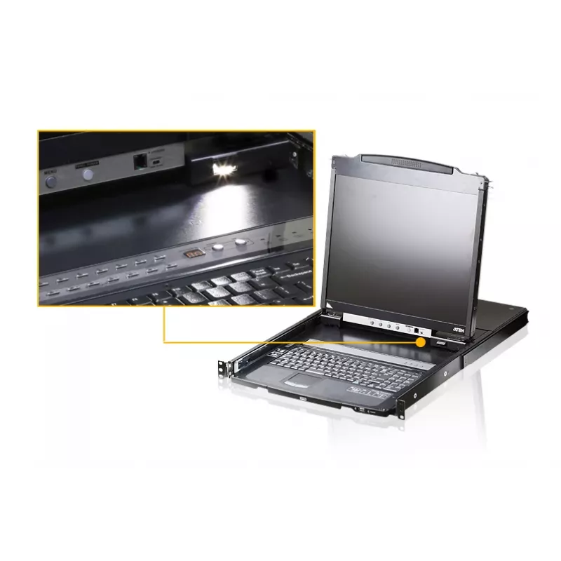 ATEN CL5800N konsolė su 19 colių LCD ekranu, klaviatūra ir liečiamuoju kilimėliu, 1U, metalinė, juoda