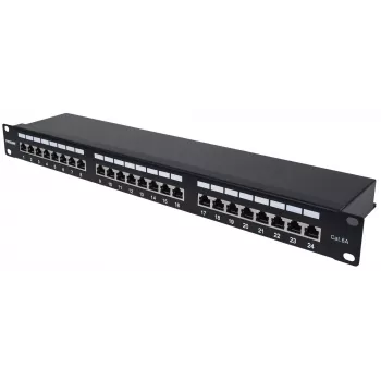 Intellinet Patch Panel, Cat6a, FTP, 24 prievadų, 1U, ekranuotas, 90° viršutiniai užspaudimo blokai, juoda