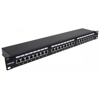 Intellinet Patch Panel, Cat6a, FTP, 24 prievadų, 1U, ekranuotas, 90° viršutiniai užspaudimo blokai, juoda