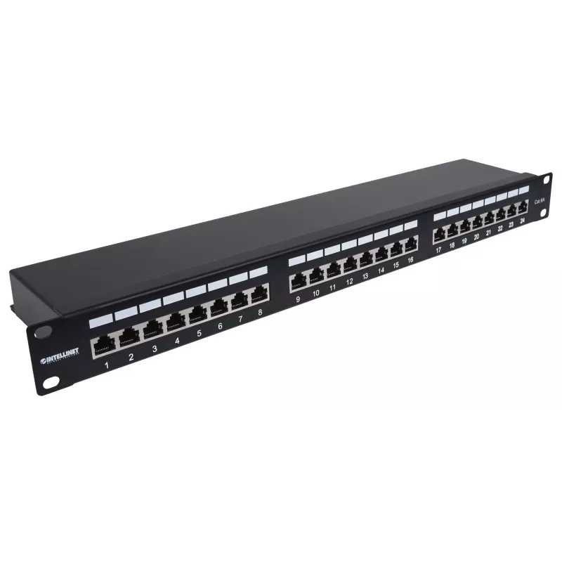 Intellinet Patch Panel, Cat6a, FTP, 24 prievadų, 1U, ekranuotas, 90° viršutiniai užspaudimo blokai, juoda