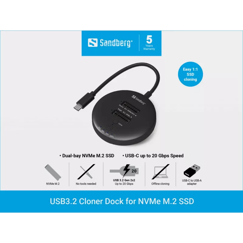 Sandberg USB3.2 Cloner Dock NVMe M.2 SSD, juoda, 20 Gbit/s