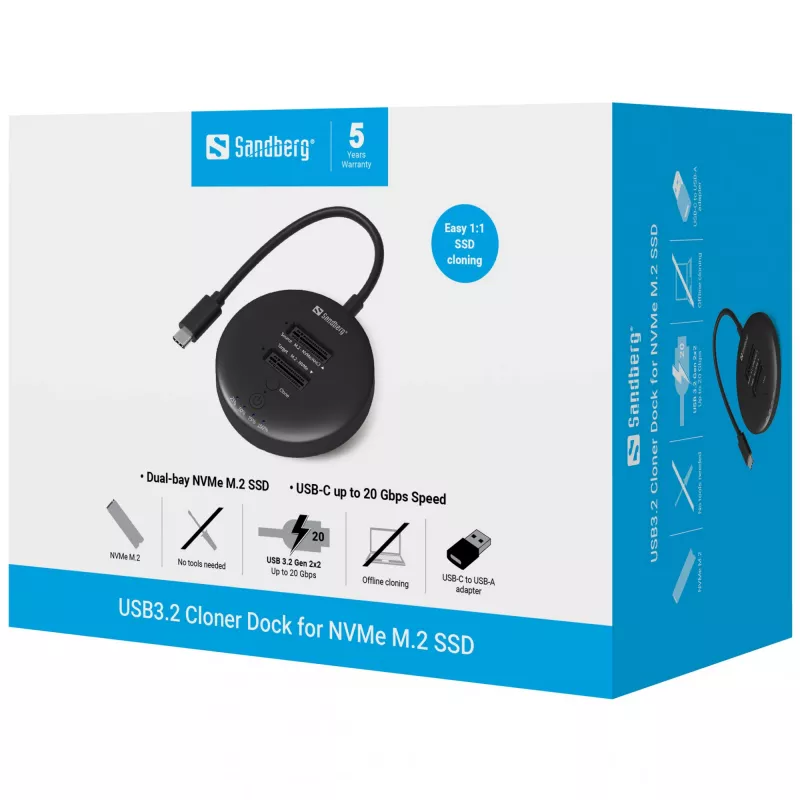 Sandberg USB3.2 Cloner Dock NVMe M.2 SSD, juoda, 20 Gbit/s