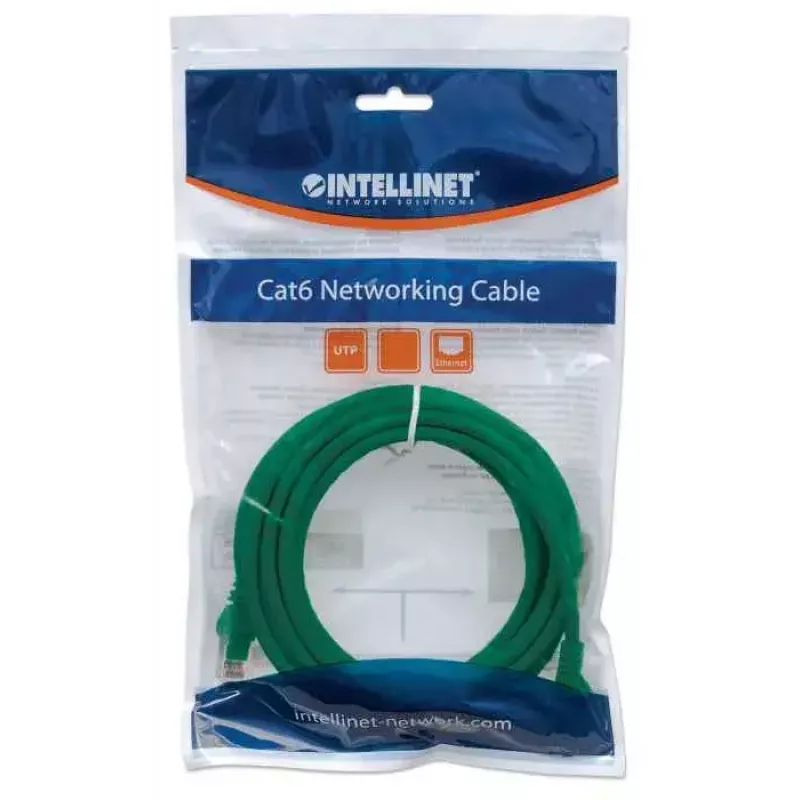 Intellinet tinklo jungiamasis kabelis, Cat6, 0,5 m, žalias, CCA, U/UTP, PVC, RJ45, auksuoti kontaktai, be kliūčių, su apsauginiu gaubtu, visam laikui garantija