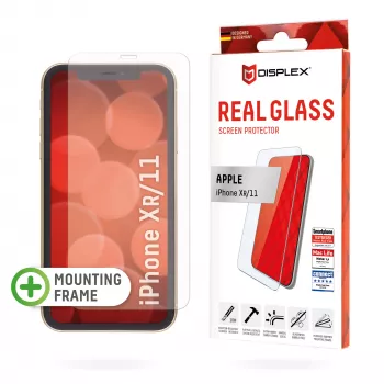 Displex apsauginis stiklas (10H), skirtas Apple iPhone XR/11, Eco montavimo rėmelis, grūdintas stiklas, atsparus įbrėžimams, draugiškas dėklui
