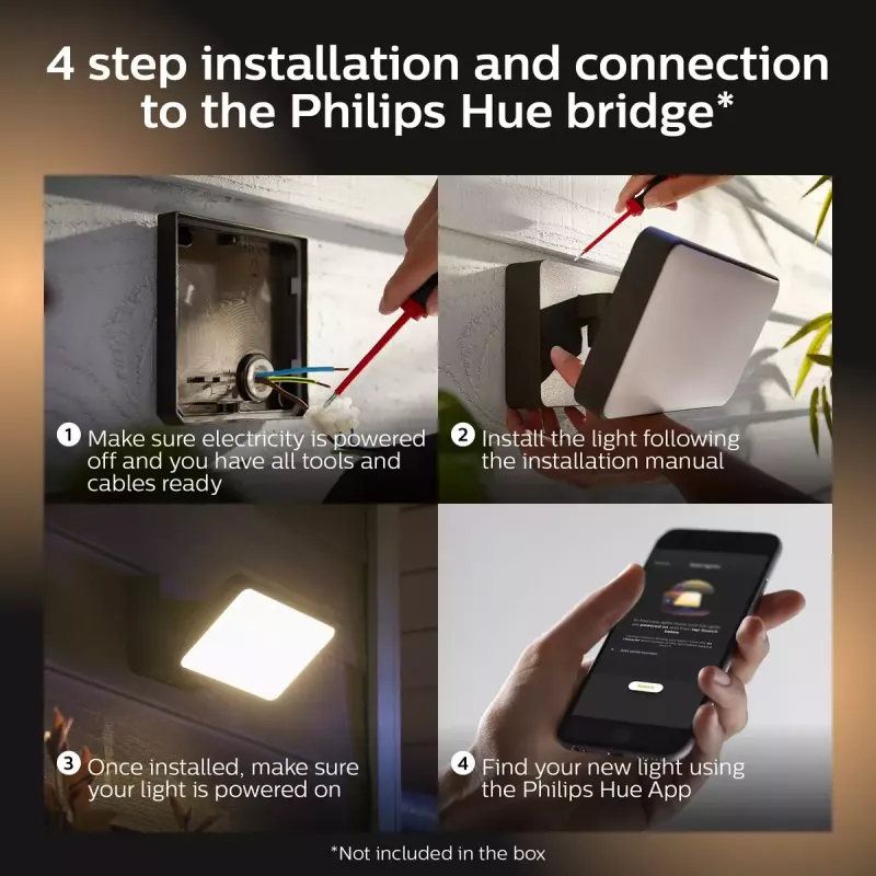 Philips Hue White Welcome Floodlight lauko prožektorius, 20.5 W LED, 220–240 V įvadas, 24 V šviestuvas, juodas, 160×220×153 mm