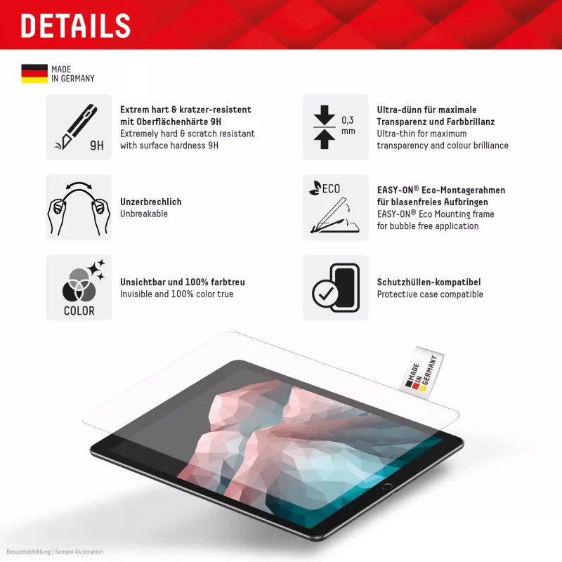 Displex Tablet Glass (9H), skirtas Samsung Galaxy Tab S7/S8/S9/S9 FE/S10 FE/S10 Lite, su Eco montavimo rėmeliu, nedūžtantis