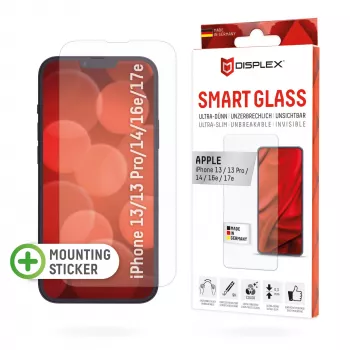 Displex Smart Glass (9H) apsauginis stiklas Apple iPhone 13/13 Pro/14/16e/17e su montavimo lipdukais, nedūžtantis