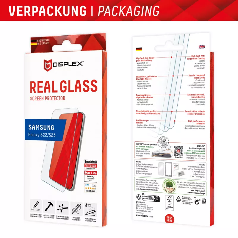 Displex Screen Protector (10H) Samsung Galaxy S22/S23, Eco montavimo rėmelis, atsparus įbrėžimams
