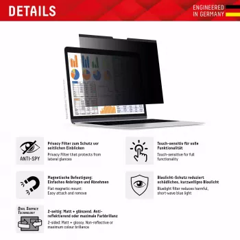 Displex PRIVACY SAFE magnetinis dvipusis privatumo filtras, skirtas MacBook Pro 14,2 colio, apsaugantis nuo dulkių ir įbrėžimų