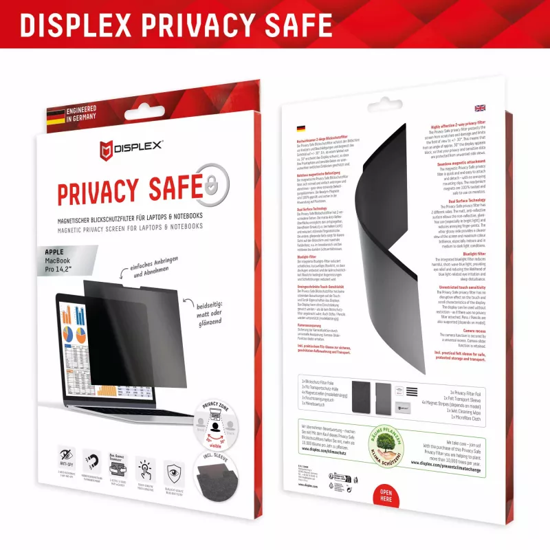 Displex PRIVACY SAFE magnetinis dvipusis privatumo filtras, skirtas MacBook Pro 14,2 colio, apsaugantis nuo dulkių ir įbrėžimų