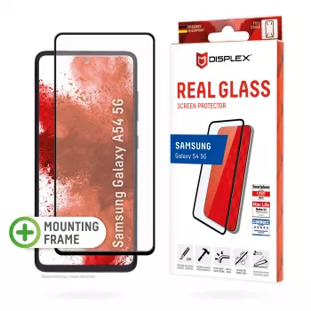 Displex Full Cover ekrano apsauginis stiklas (10H), skirtas Samsung Galaxy A54 5G, su EASY-ON® Eco montavimo rėmeliu