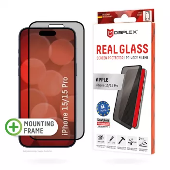 Displex privatumo ekrano apsauginis stiklas (10H), skirtas Apple iPhone 15/15 Pro, su Eco montavimo rėmeliu