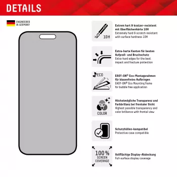 Displex privatumo ekrano apsauginis stiklas (10H), skirtas Apple iPhone 15/15 Pro, su Eco montavimo rėmeliu