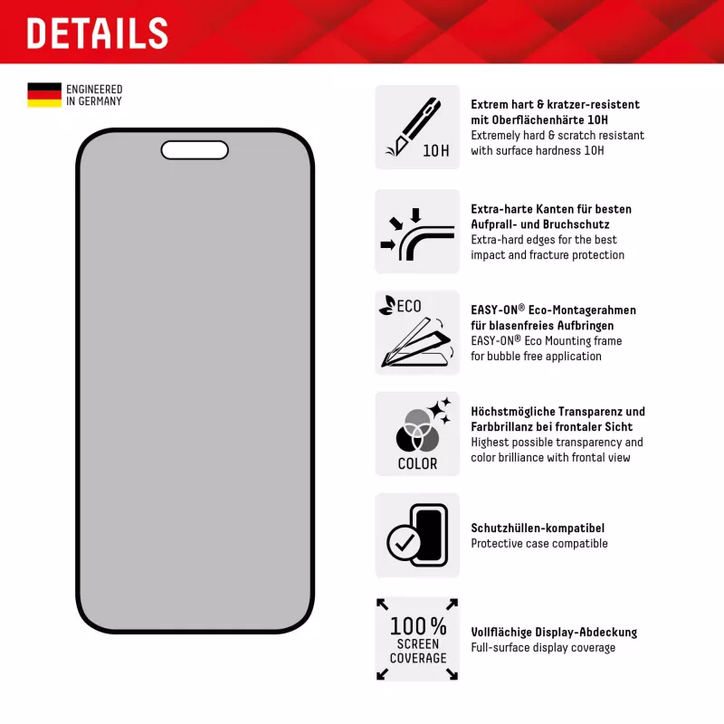 Displex privatumo ekrano apsauginis stiklas (10H), skirtas Apple iPhone 15/15 Pro, su Eco montavimo rėmeliu