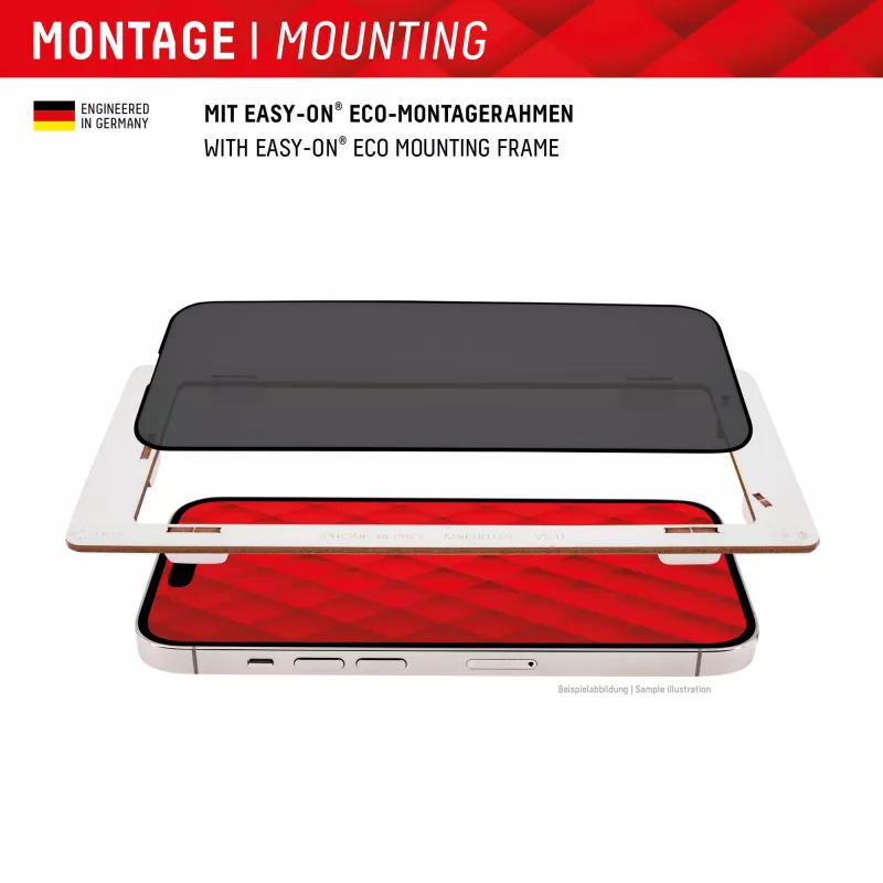 Displex privatumo ekrano apsauginis stiklas (10H), skirtas Apple iPhone 15/15 Pro, su Eco montavimo rėmeliu