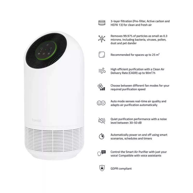 Oro valytuvas Hombli Smart Air Purifier Avanca International BV, 30 dB, baltas/juodas