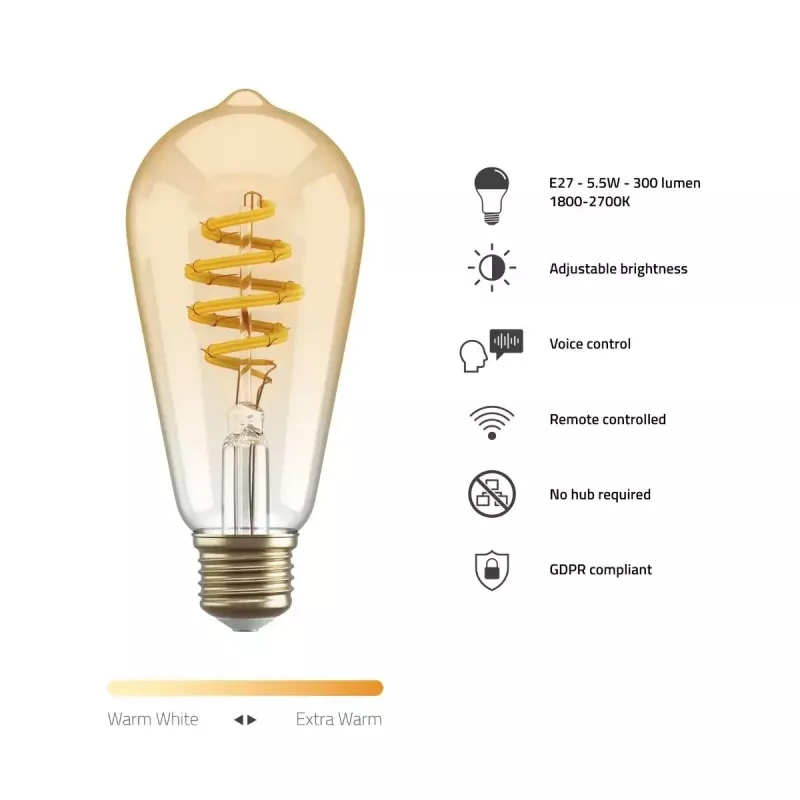 Išmanioji lemputė Hombli HBEB-0212 Wi-Fi 5,5 W, auksinė, A–G energijos klasė, Ø61×142 mm