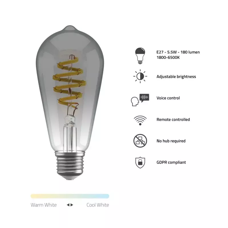Išmanioji lemputė Avanca International BV Hombli HBEB-0211, Wi-Fi, 5,5 W, pilka, A19 (6,1×14,2 cm)