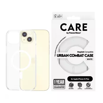 PanzerGlass CARE™ by ® Urban Combat dėklas iPhone 15 Plus permatomas su balta MagSafe