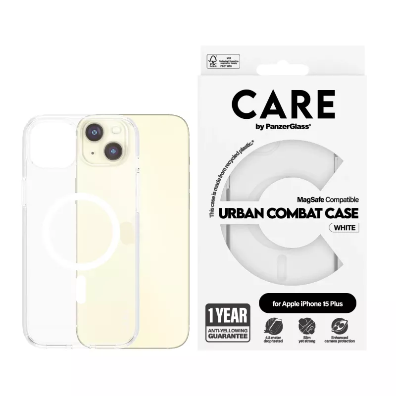 PanzerGlass CARE™ by ® Urban Combat dėklas iPhone 15 Plus permatomas su balta MagSafe