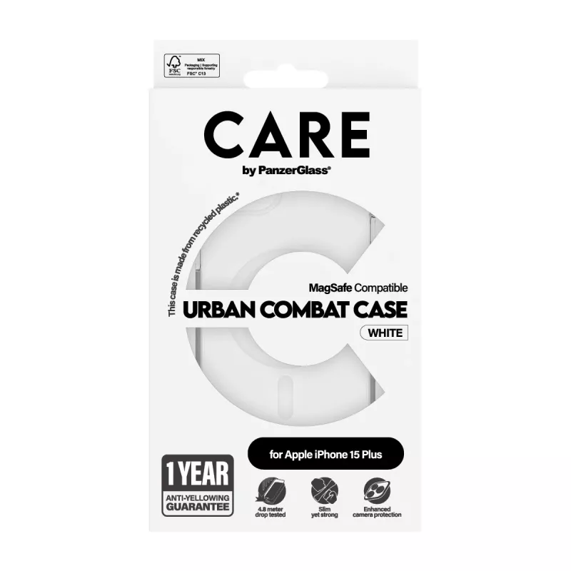 PanzerGlass CARE™ by ® Urban Combat dėklas iPhone 15 Plus permatomas su balta MagSafe