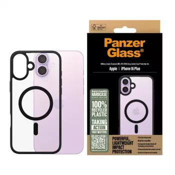 PanzerGlass® HardCase permatomas su juodu MagSafe ir rėmeliu, iPhone 16 Plus