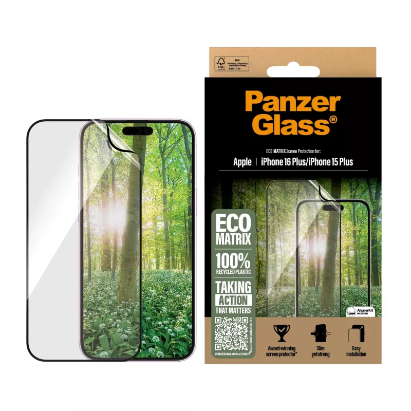 PanzerGlass® ECO MATRIX apsauginis stiklas iPhone 16 Plus | 15 Plus | Ultra-Wide Fit
