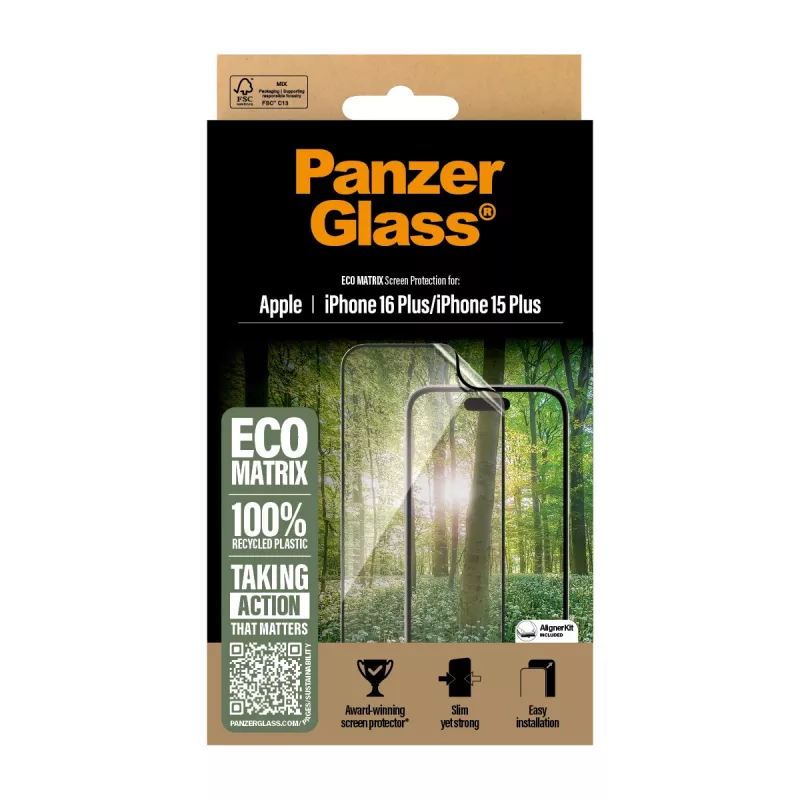 PanzerGlass® ECO MATRIX apsauginis stiklas iPhone 16 Plus | 15 Plus | Ultra-Wide Fit