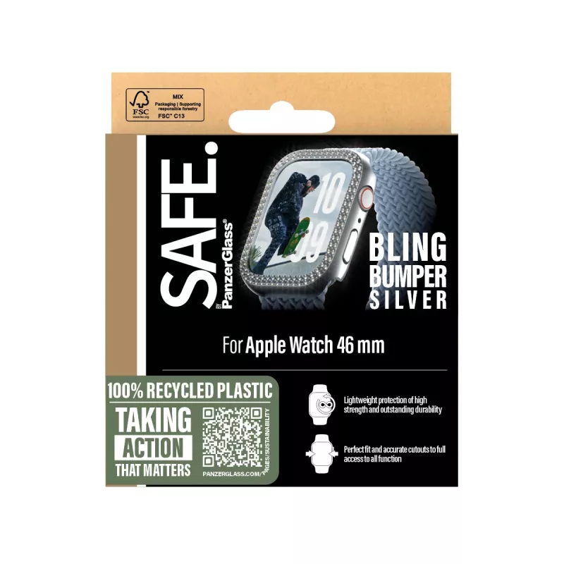 PanzerGlass SAFE. by ® Bling Bumper sidabrinis permatomas Apple Watch Series 10 46 mm apsauginis rėmelis