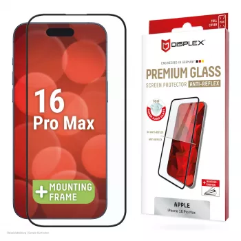 Displex Premium Anti-Reflex Ekrano apsauginis stiklas (antirefleksinis, pilnas uždengimas, 10H) Apple iPhone 16 Pro Max, su Eco montavimo rėmeliu