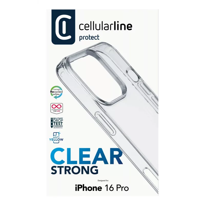 Cellularline Clear Strong - iPhone 16 Pro kietas dėklas su guminiais kraštais