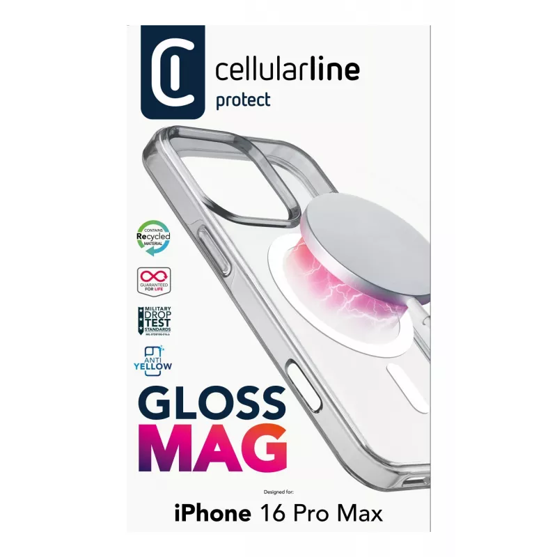 Cellularline Gloss Mag - iPhone 16 Pro Max magnetinis dėklas, skirtas įkrovimui ir tvirtinimui prie MagSafe įkroviklio