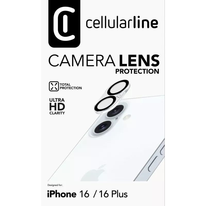 Cellularline kameros lęšio apsauginis stiklas iPhone 16 – skaidrus, atsparus įbrėžimams ir smūgiams